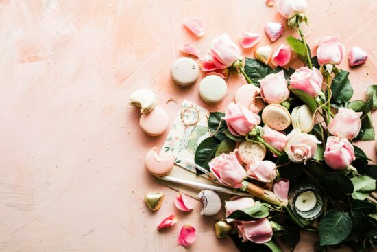 Pink roses and macarons for a Valentine's Day self-care night