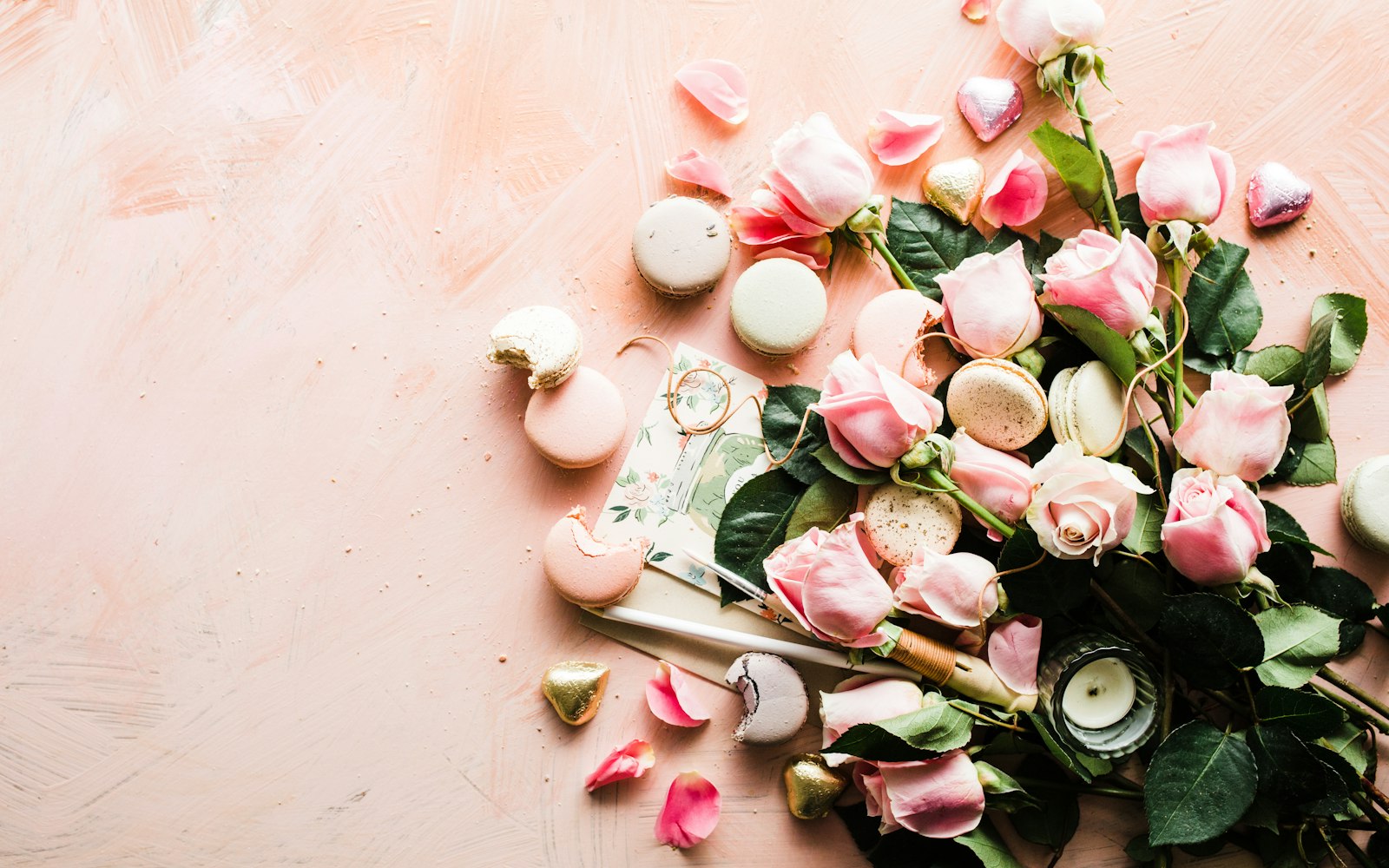 Pink roses and macarons for a Valentine's Day self-care night